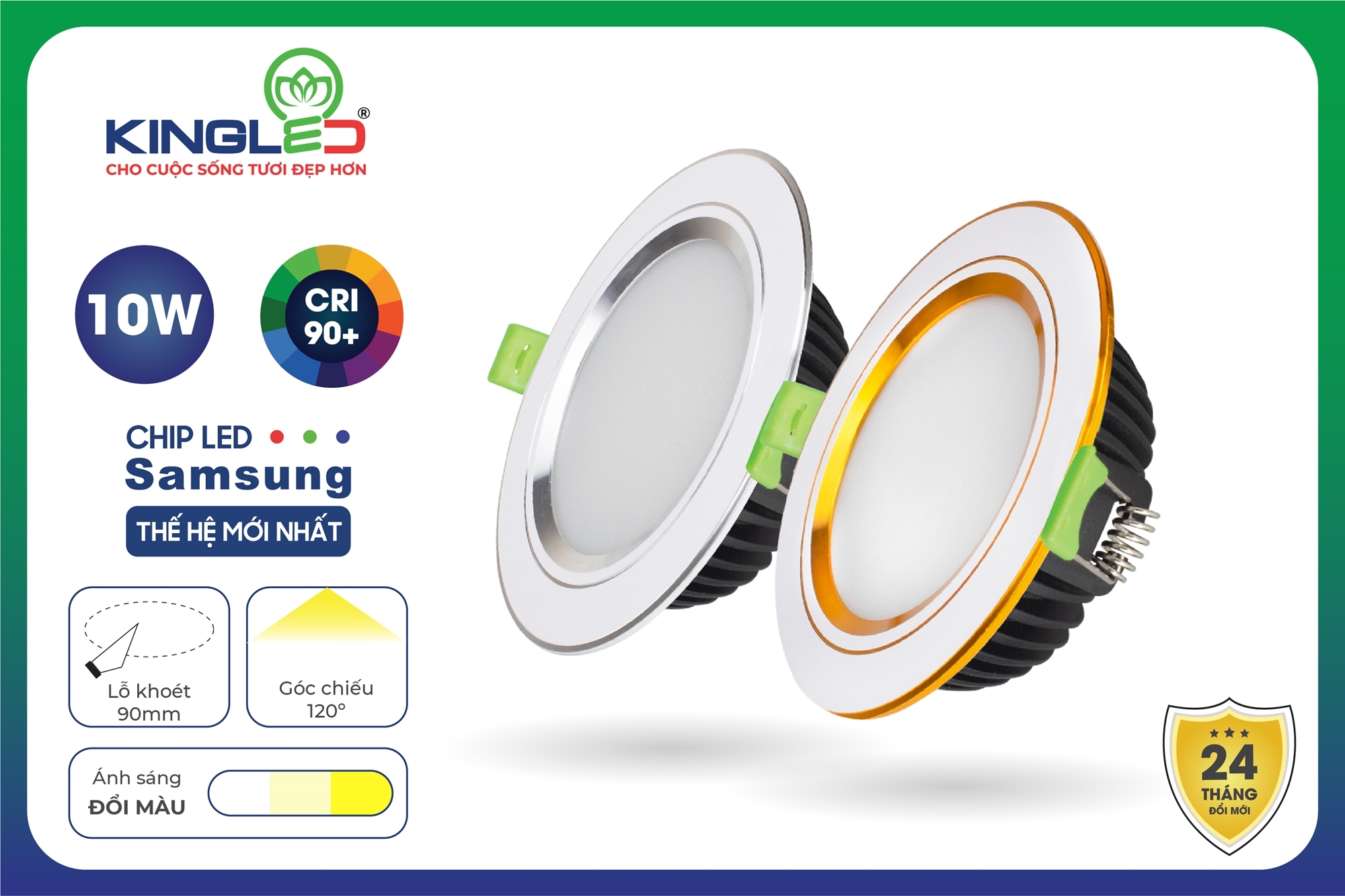 Đèn Âm Trần Diamond 10W Mặt Phẳng, Đổi Màu, Viền Vàng